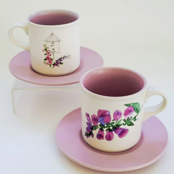 Vintage Pfaltzgraff Cape May Mug & Saucer, 2 Sets, Floral Bird House c1990s USA - Picture 2 of 11